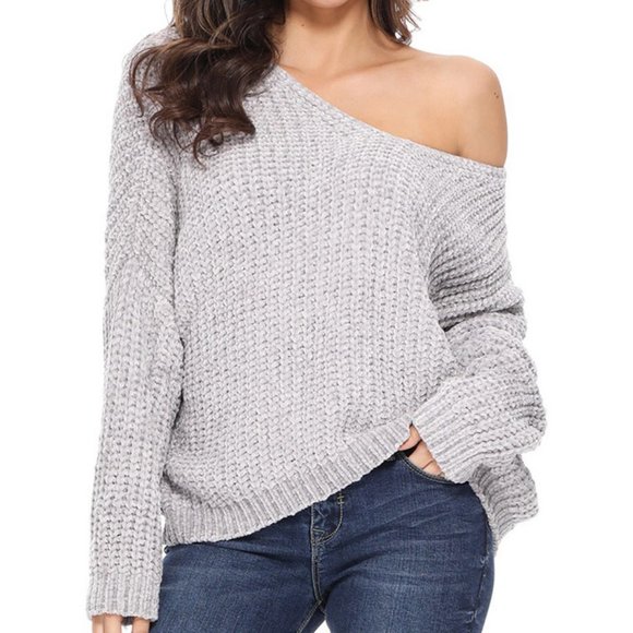 New Look Sweaters - Pale Grey Off Shoulder Soft Chenille VNeck Sweater